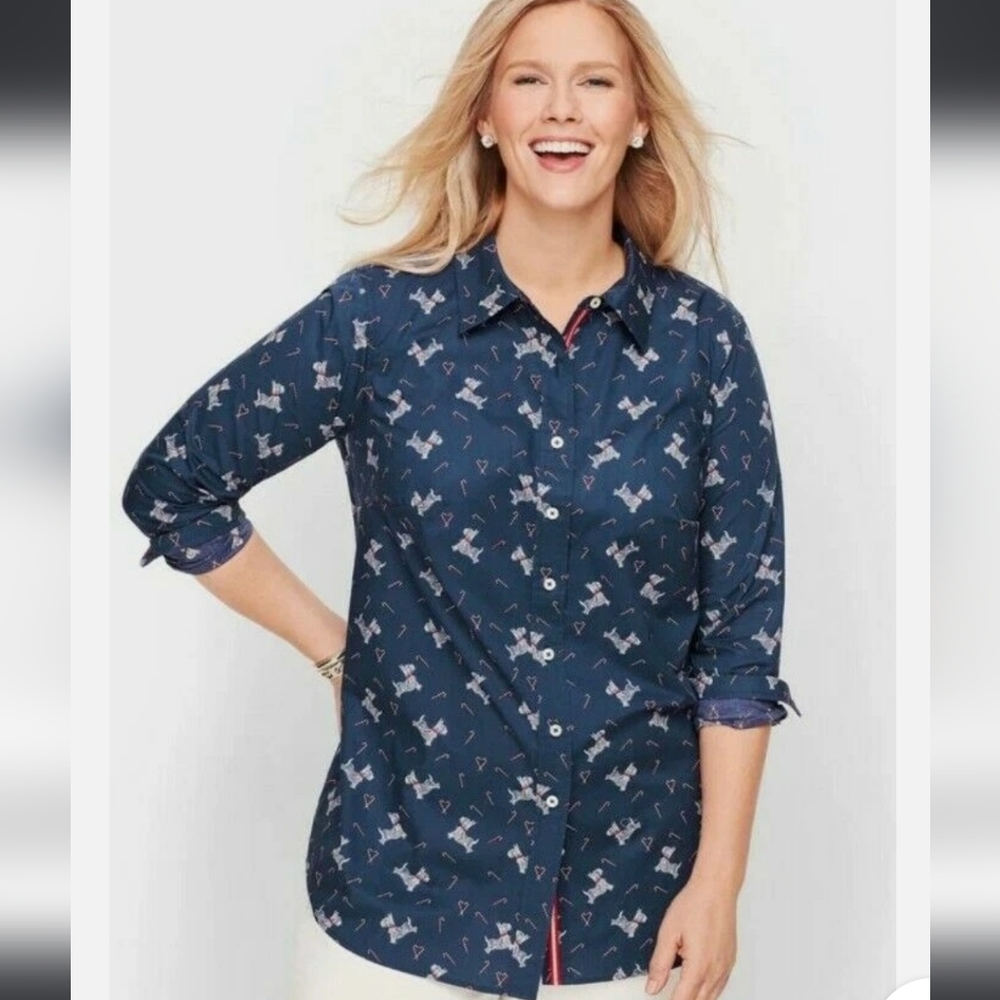 Talbot's Navy Sweet Dog Printed Button-Up Shirt